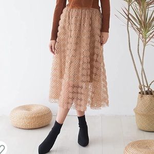 Chicwish 3D Rose Mesh Tulle Midi Skirt in tan caramel size S-M, flawless